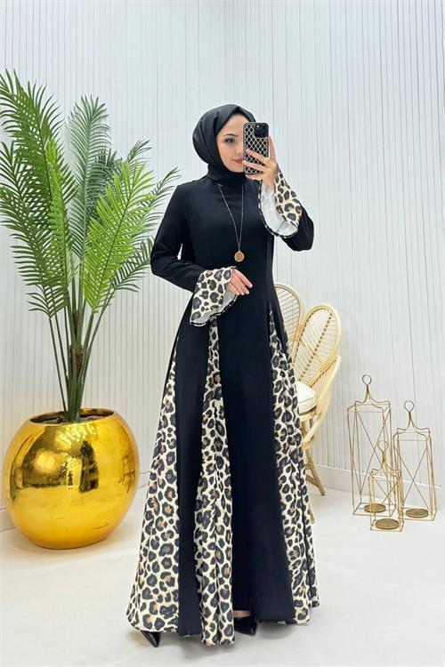 Dipmoda kadın leopar desenli tesettür abiye elbise DPNMS040