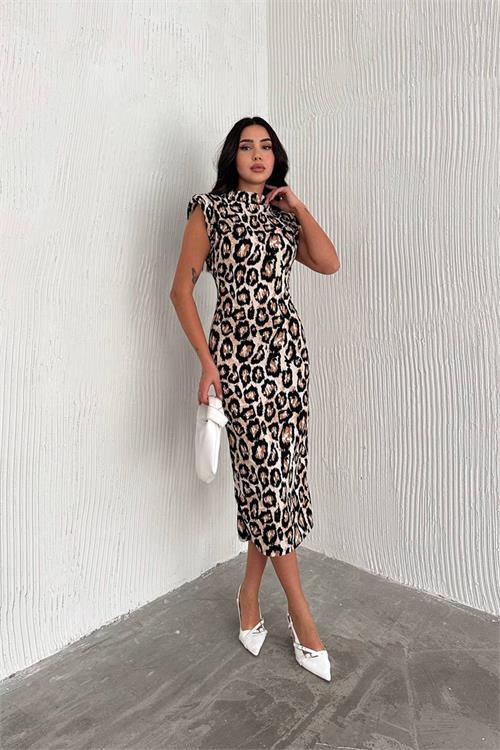 Dipmoda kadın leopar desenli vatkalı uzun elbise DPNBK3031