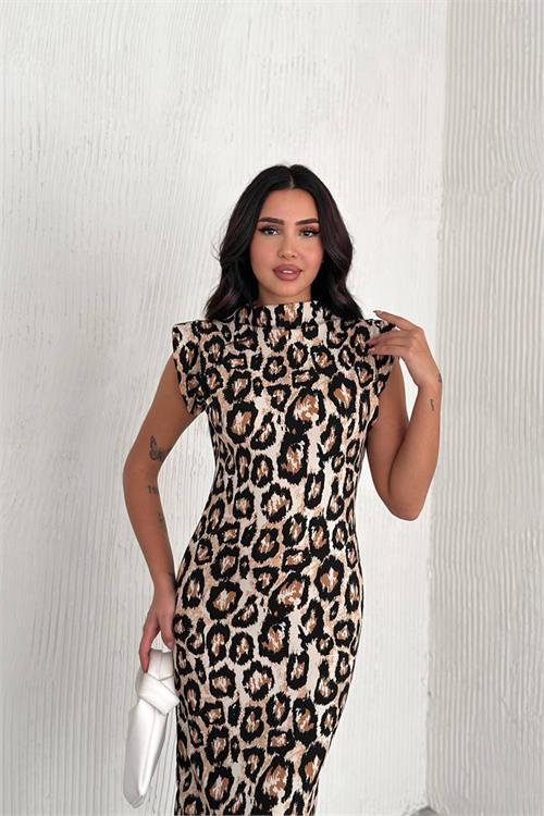Dipmoda kadın leopar desenli vatkalı uzun elbise DPNBK3031