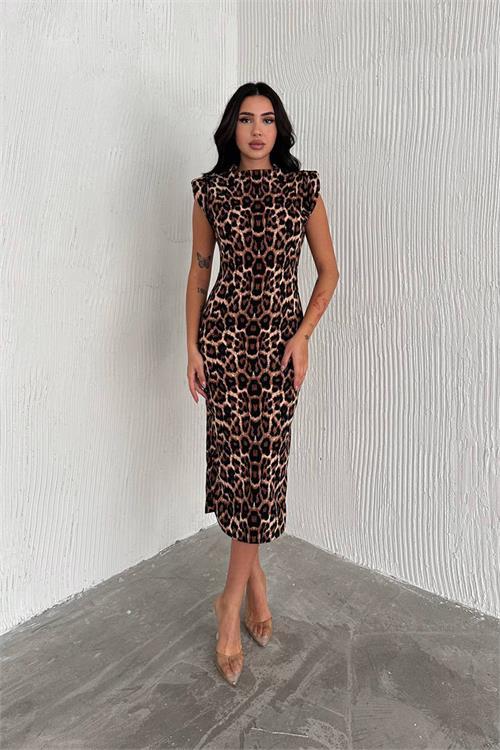 Dipmoda kadın leopar desenli vatkalı uzun elbise DPNBK3031