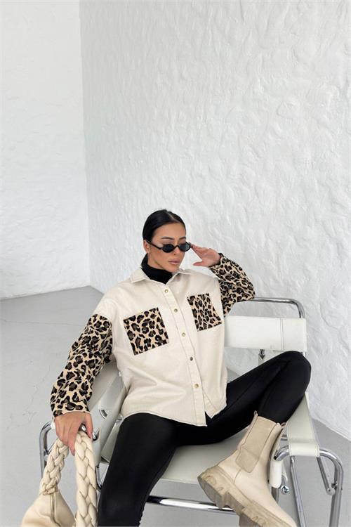 Dipmoda kadın Leopar detaylı gabardin gömlek NBASP7250
