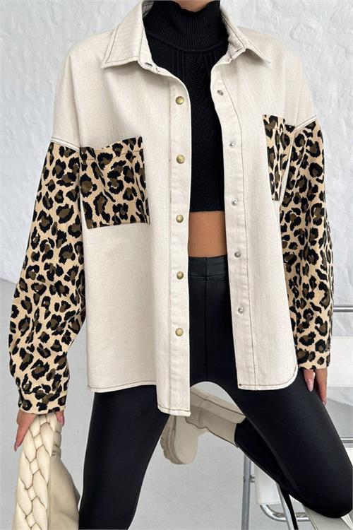 Dipmoda kadın Leopar detaylı gabardin gömlek NBASP7250