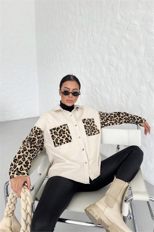 Dipmoda kadın Leopar detaylı gabardin gömlek NBASP7250
