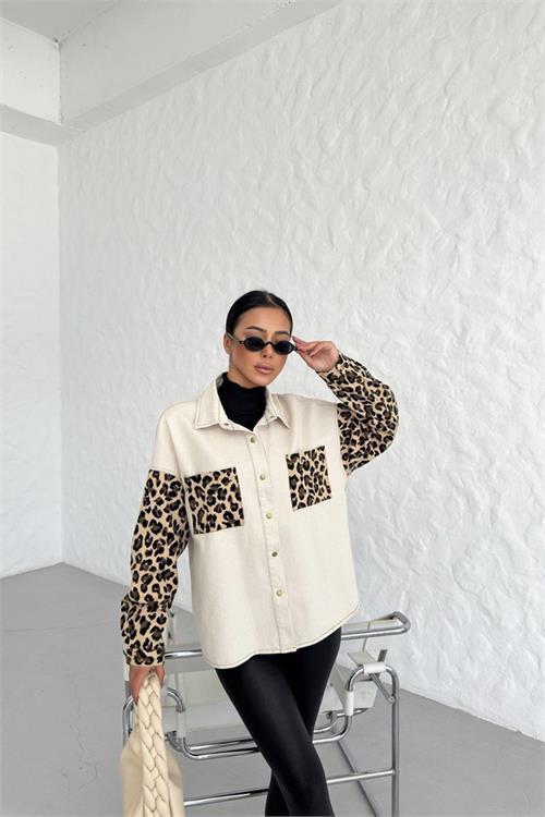 Dipmoda kadın Leopar detaylı gabardin gömlek NBASP7250