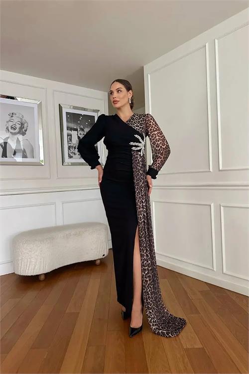 Dipmoda kadın leopar detaylı yırtmaçlı abiye elbise DPNC2509