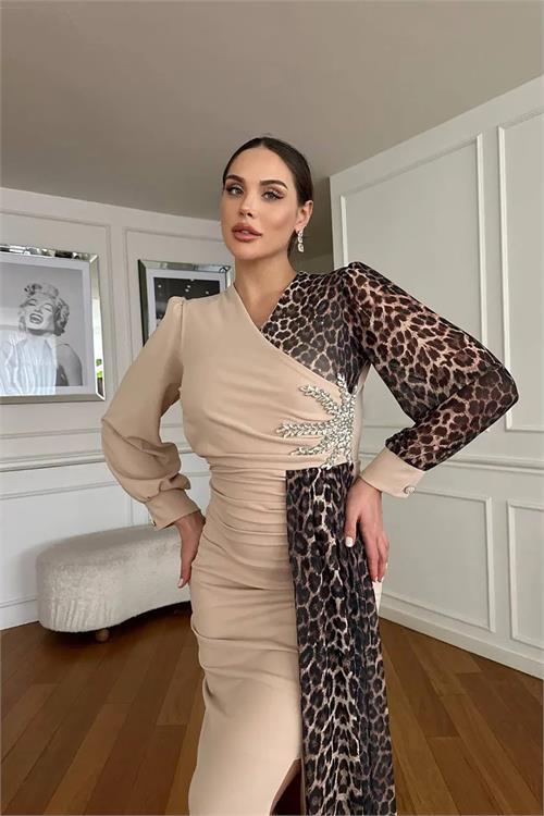 Dipmoda kadın leopar detaylı yırtmaçlı abiye elbise DPNC2509