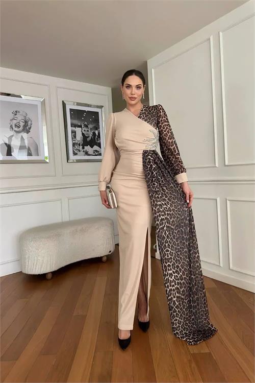 Dipmoda kadın leopar detaylı yırtmaçlı abiye elbise DPNC2509