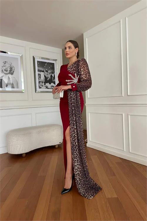 Dipmoda kadın leopar detaylı yırtmaçlı abiye elbise DPNC2509