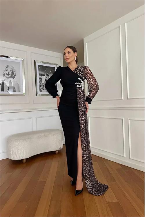Dipmoda kadın leopar detaylı yırtmaçlı abiye elbise DPNC2509