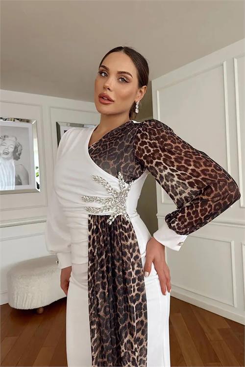 Dipmoda kadın leopar detaylı yırtmaçlı abiye elbise DPNC2509