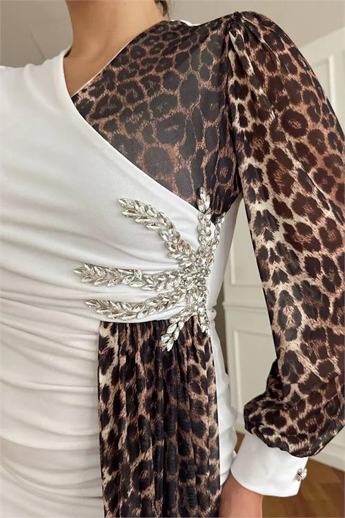 Dipmoda kadın leopar detaylı yırtmaçlı abiye elbise DPNC2509
