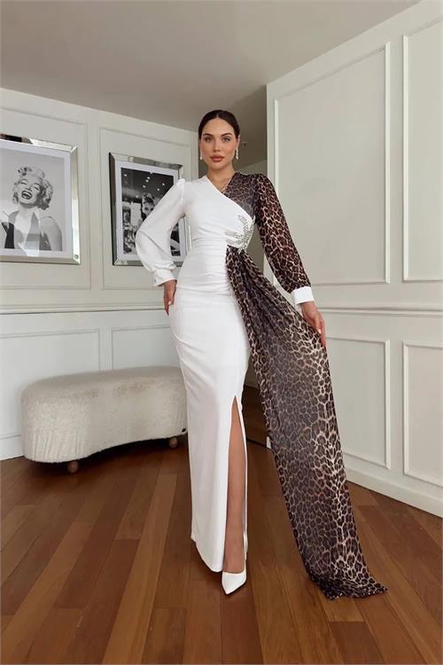 Dipmoda kadın leopar detaylı yırtmaçlı abiye elbise DPNC2509