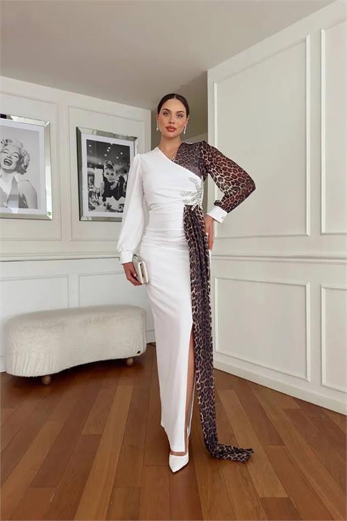 Dipmoda kadın leopar detaylı yırtmaçlı abiye elbise DPNC2509