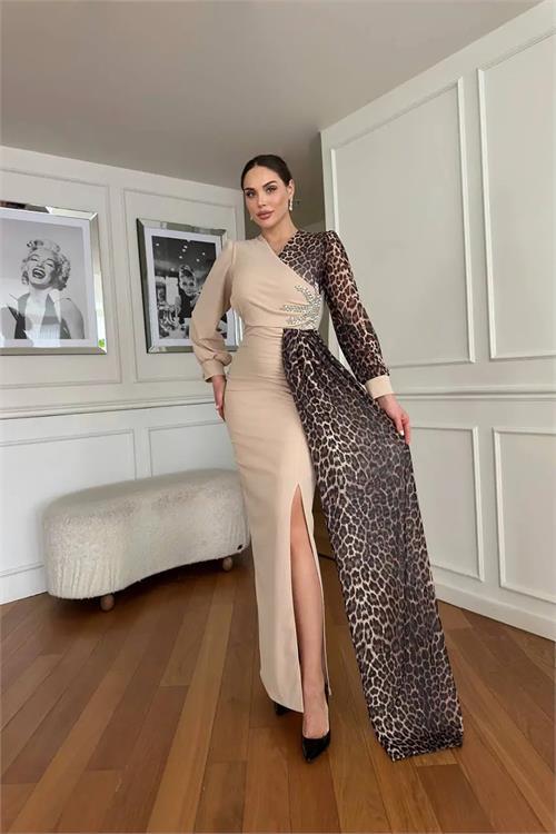 Dipmoda kadın leopar detaylı yırtmaçlı abiye elbise DPNC2509