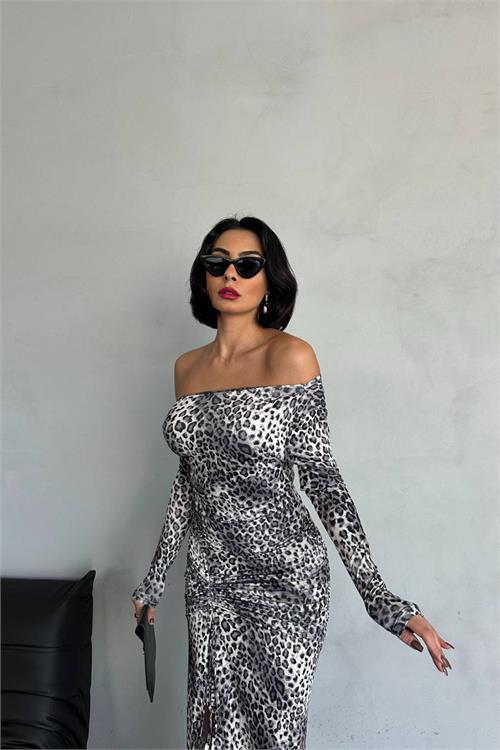 Dipmoda kadın leopar madonna yaka büzgülü uzun elbise NBDF102