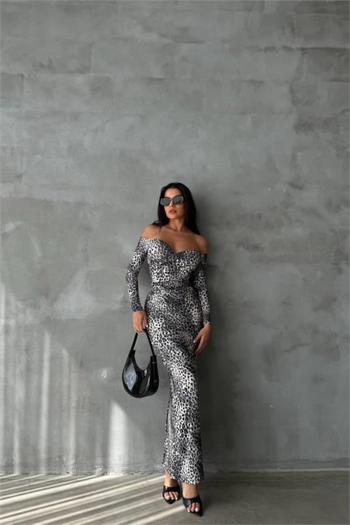 Dipmoda kadın leopar madonna yaka uzun elbise DPNBDF090