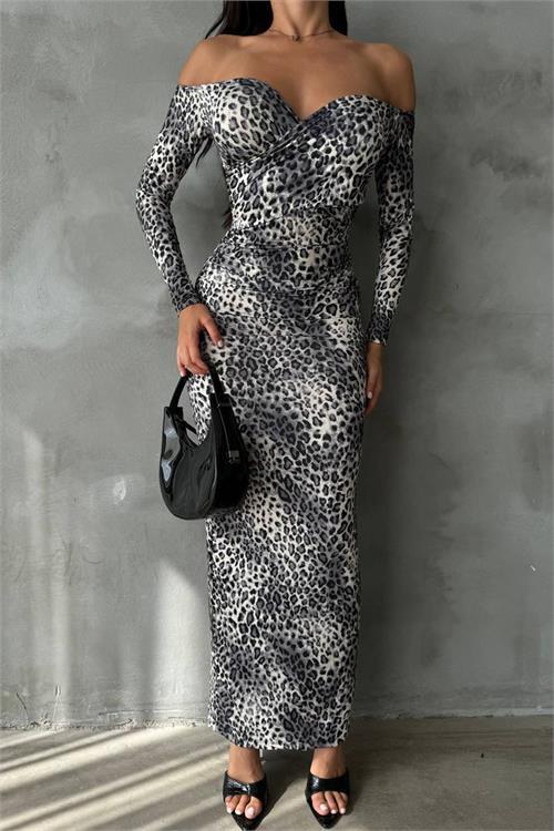 Dipmoda kadın leopar madonna yaka uzun elbise DPNBDF090