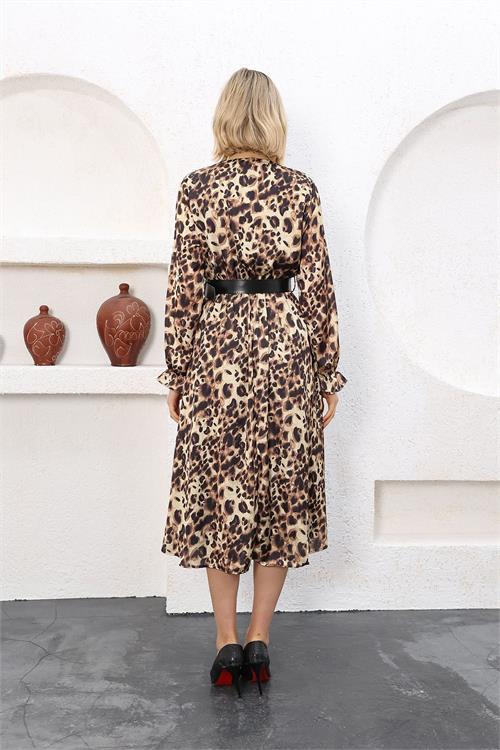 Dipmoda kadın leopar midi boy kemerli saten elbise RSSN51 