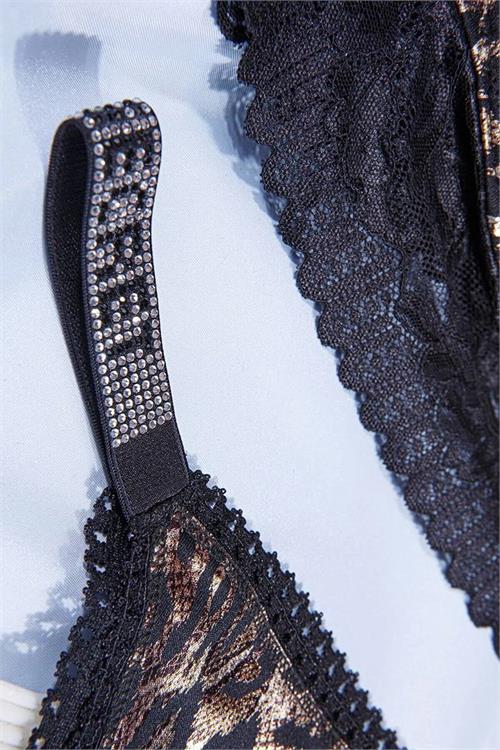 Dipmoda kadın leopar taş detaylı Push-up destekli deri bralet takım BHR1010 