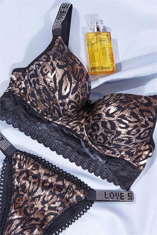 Dipmoda kadın leopar taş detaylı Push-up destekli deri bralet takım BHR1010 