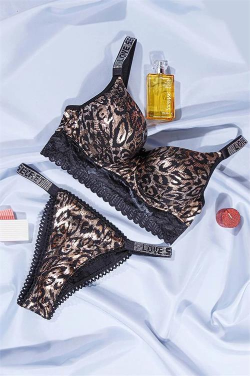 Dipmoda kadın leopar taş detaylı Push-up destekli deri bralet takım BHR1010 