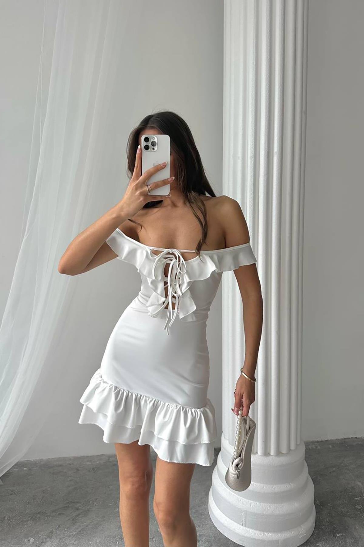 Dipmoda kadın likralı bağcık detaylı mini elbise DPDF041