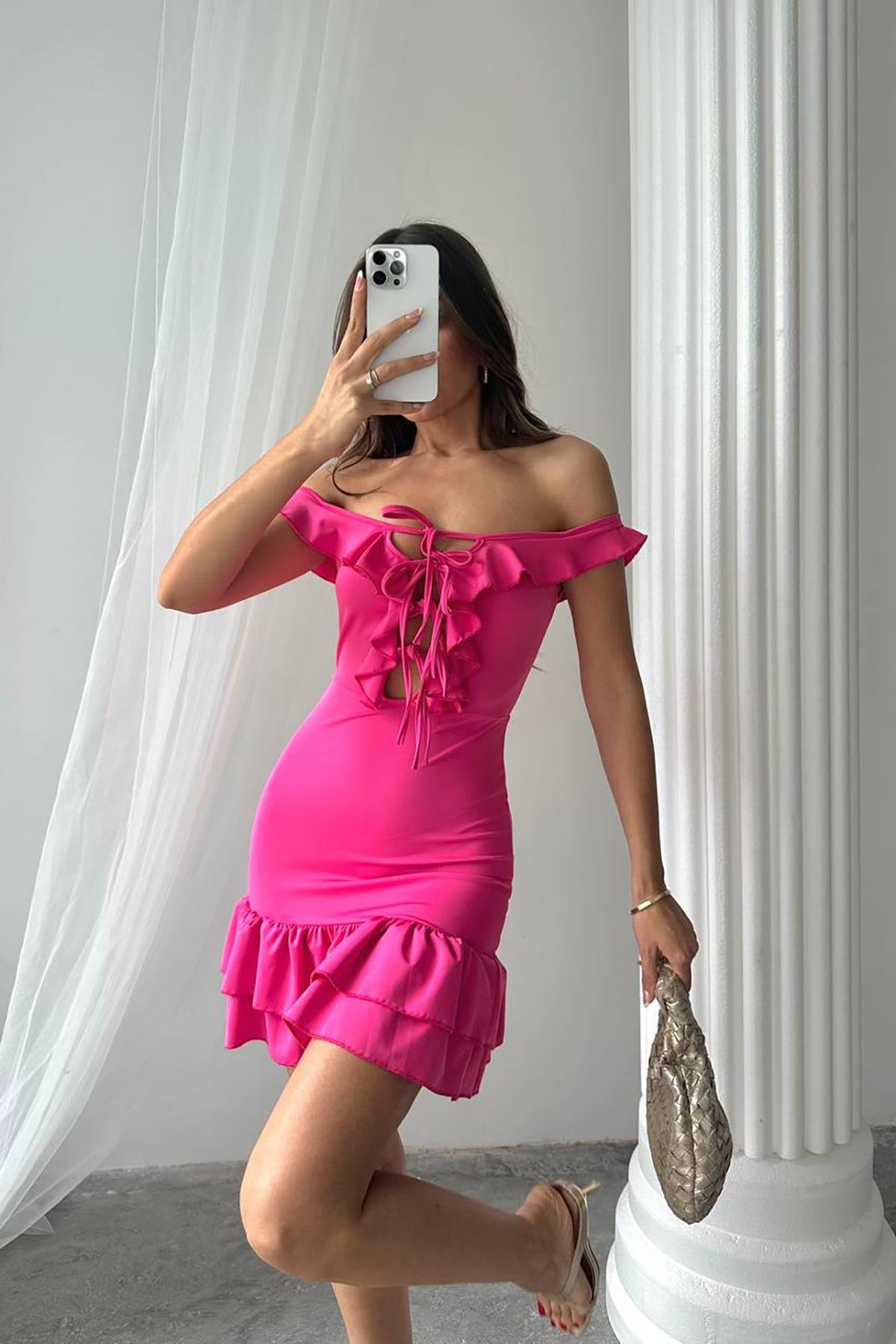 Dipmoda kadın likralı bağcık detaylı mini elbise DPDF041