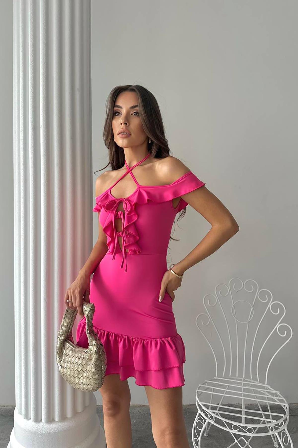 Dipmoda kadın likralı bağcık detaylı mini elbise DPDF041