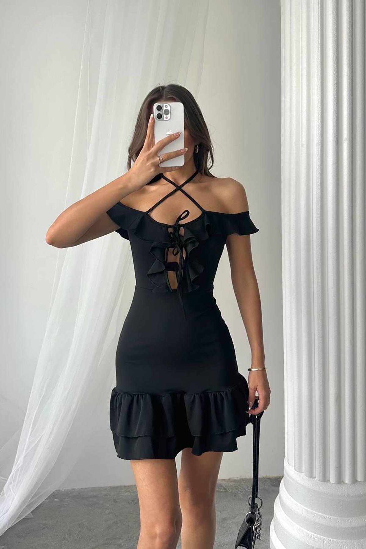 Dipmoda kadın likralı bağcık detaylı mini elbise DPDF041