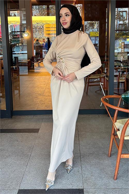 Dipmoda kadın likralı düğme detaylı tesettür elbise NMS046