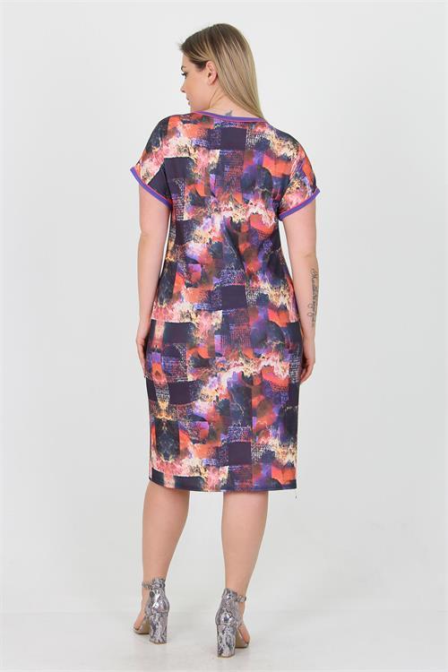 Dipmoda kadın lila desenli midi boy büyük beden viskon elbise AYSL19 