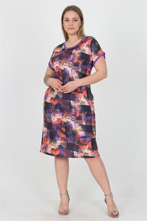 Dipmoda kadın lila desenli midi boy büyük beden viskon elbise AYSL19 