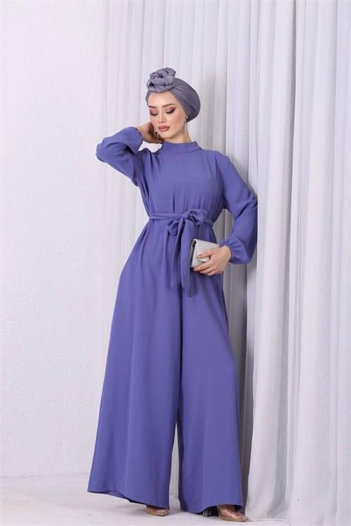 Dipmoda kadın lila mavisi kuşaklı gül detaylı salaş tulum DPNMS003