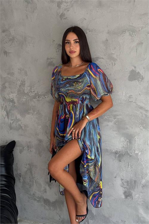 Dipmoda kadın madona yaka desenli şifon elbise NBQ009 