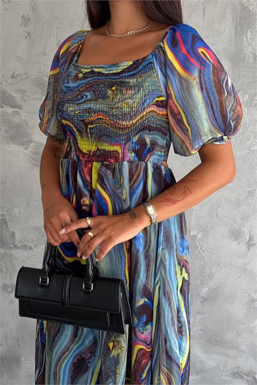 Dipmoda kadın madona yaka desenli şifon elbise NBQ009 