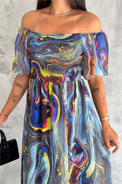 Dipmoda kadın madona yaka desenli şifon elbise NBQ009 