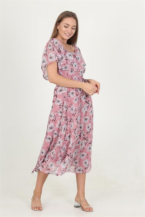 Dipmoda kadın madonna yaka kuşaklı desenli şifon elbise RY10037