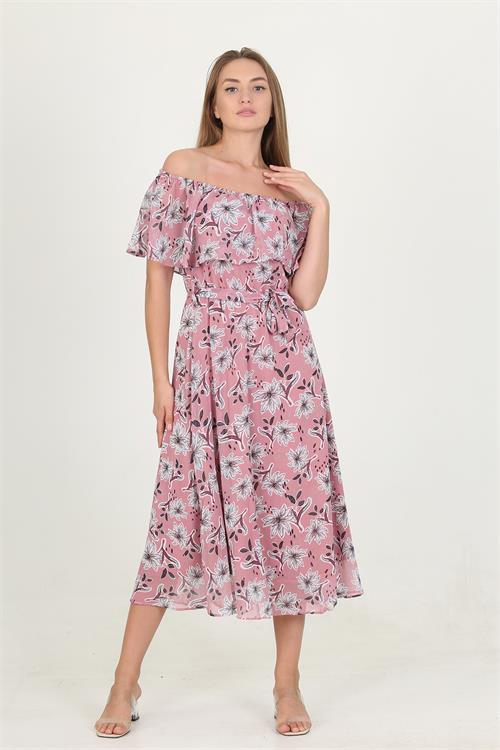 Dipmoda kadın madonna yaka kuşaklı desenli şifon elbise RY10037