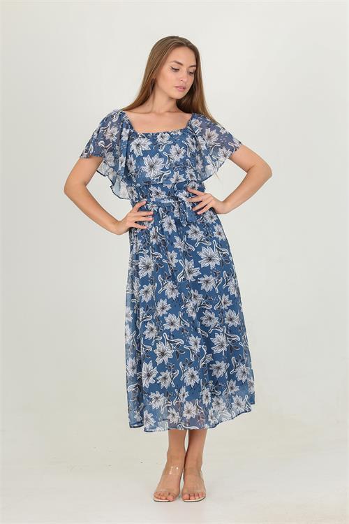 Dipmoda kadın madonna yaka kuşaklı desenli şifon elbise RY10037