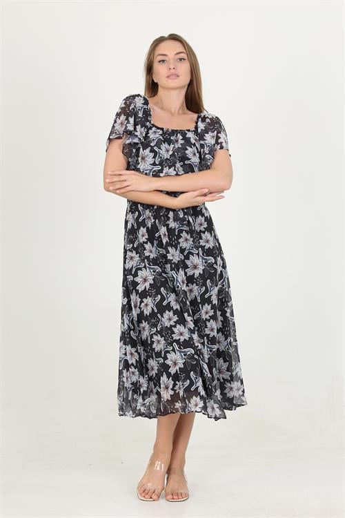 Dipmoda kadın madonna yaka kuşaklı desenli şifon elbise RY10037