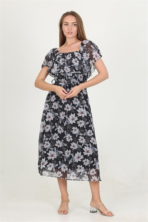 Dipmoda kadın madonna yaka kuşaklı desenli şifon elbise RY10037