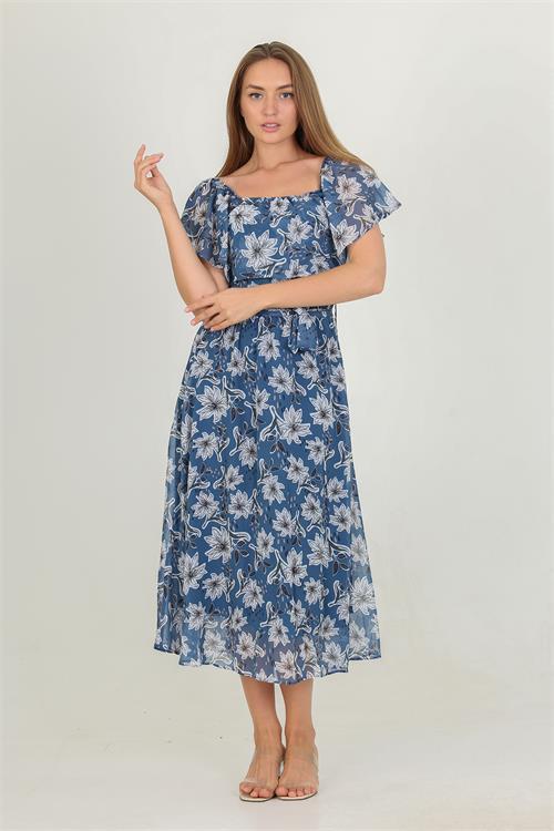 Dipmoda kadın madonna yaka kuşaklı desenli şifon elbise RY10037