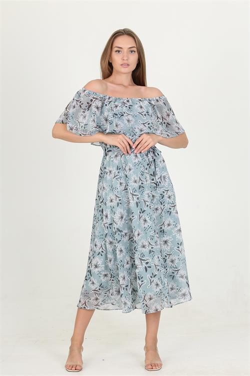 Dipmoda kadın madonna yaka kuşaklı desenli şifon elbise RY10037