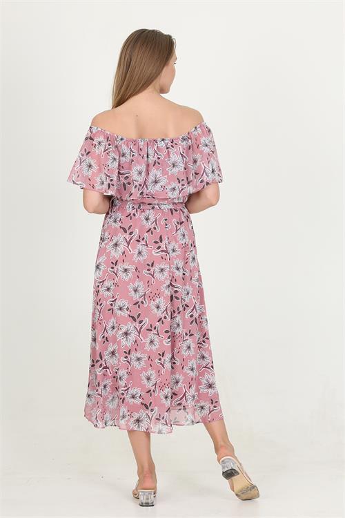 Dipmoda kadın madonna yaka kuşaklı desenli şifon elbise RY10037