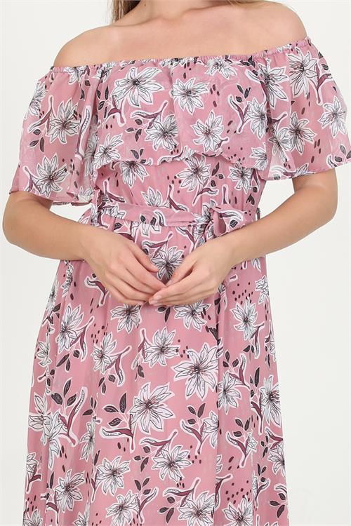 Dipmoda kadın madonna yaka kuşaklı desenli şifon elbise RY10037