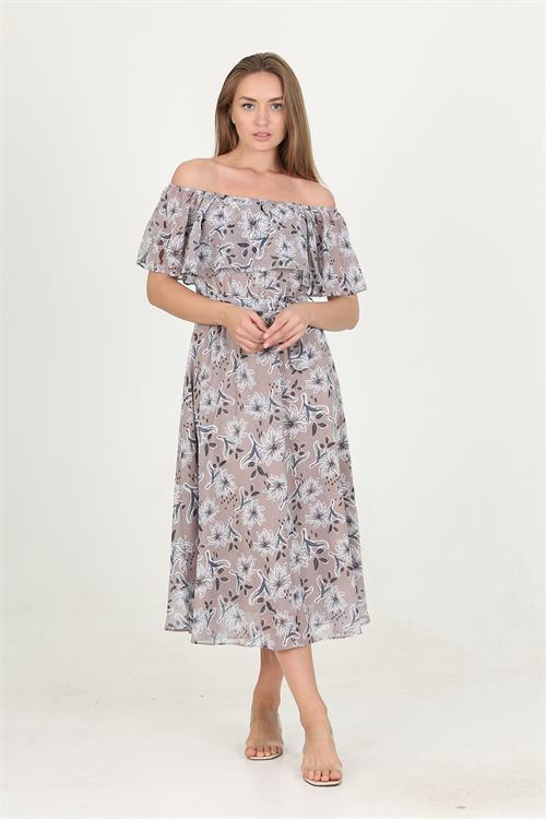 Dipmoda kadın madonna yaka kuşaklı desenli şifon elbise RY10037