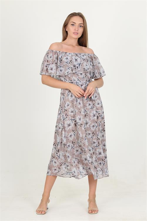 Dipmoda kadın madonna yaka kuşaklı desenli şifon elbise RY10037