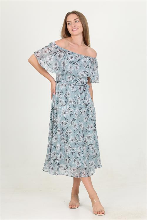 Dipmoda kadın madonna yaka kuşaklı desenli şifon elbise RY10037