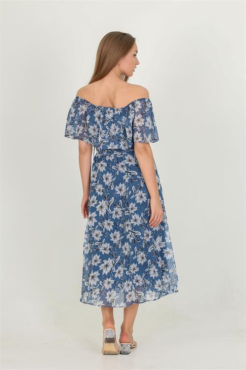 Dipmoda kadın madonna yaka kuşaklı desenli şifon elbise RY10037