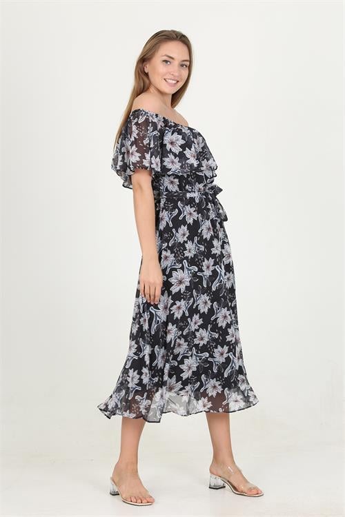 Dipmoda kadın madonna yaka kuşaklı desenli şifon elbise RY10037